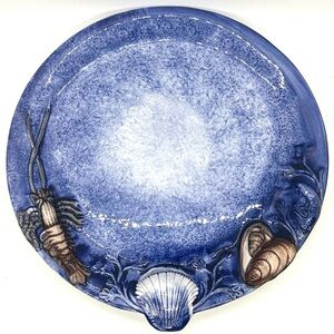 Vintage Italian Majolica Blue Seashell Lobster Fish Plate